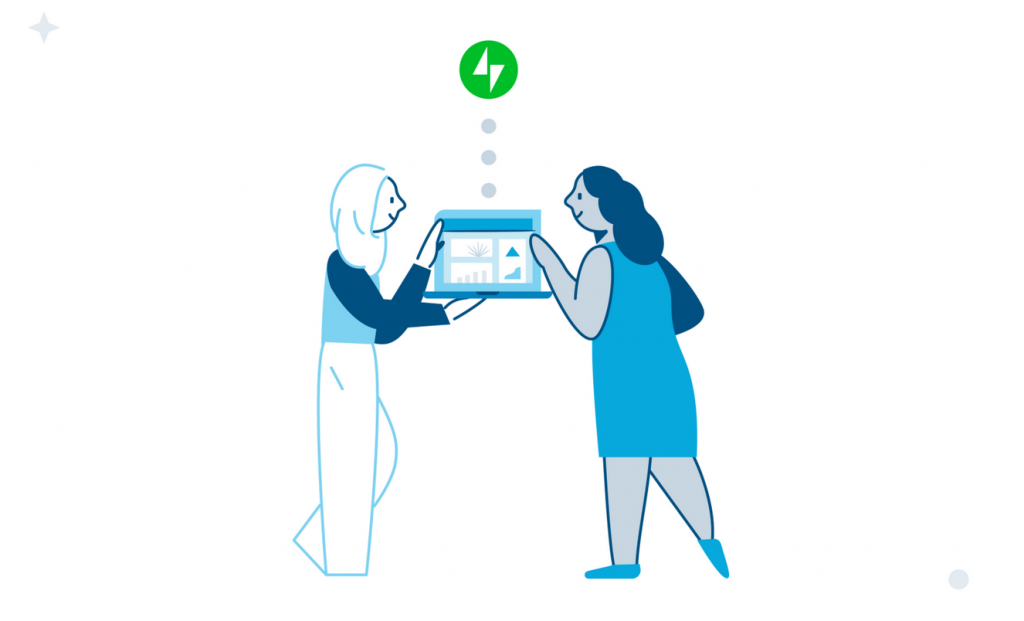illustration of two women holding laptop