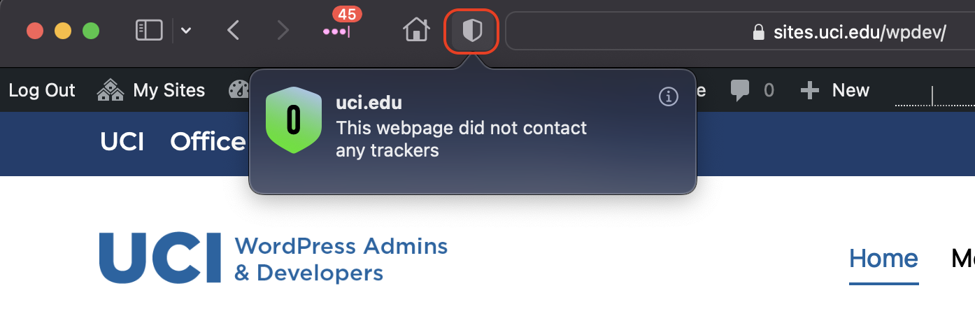 Safari browser showing 0 trackers