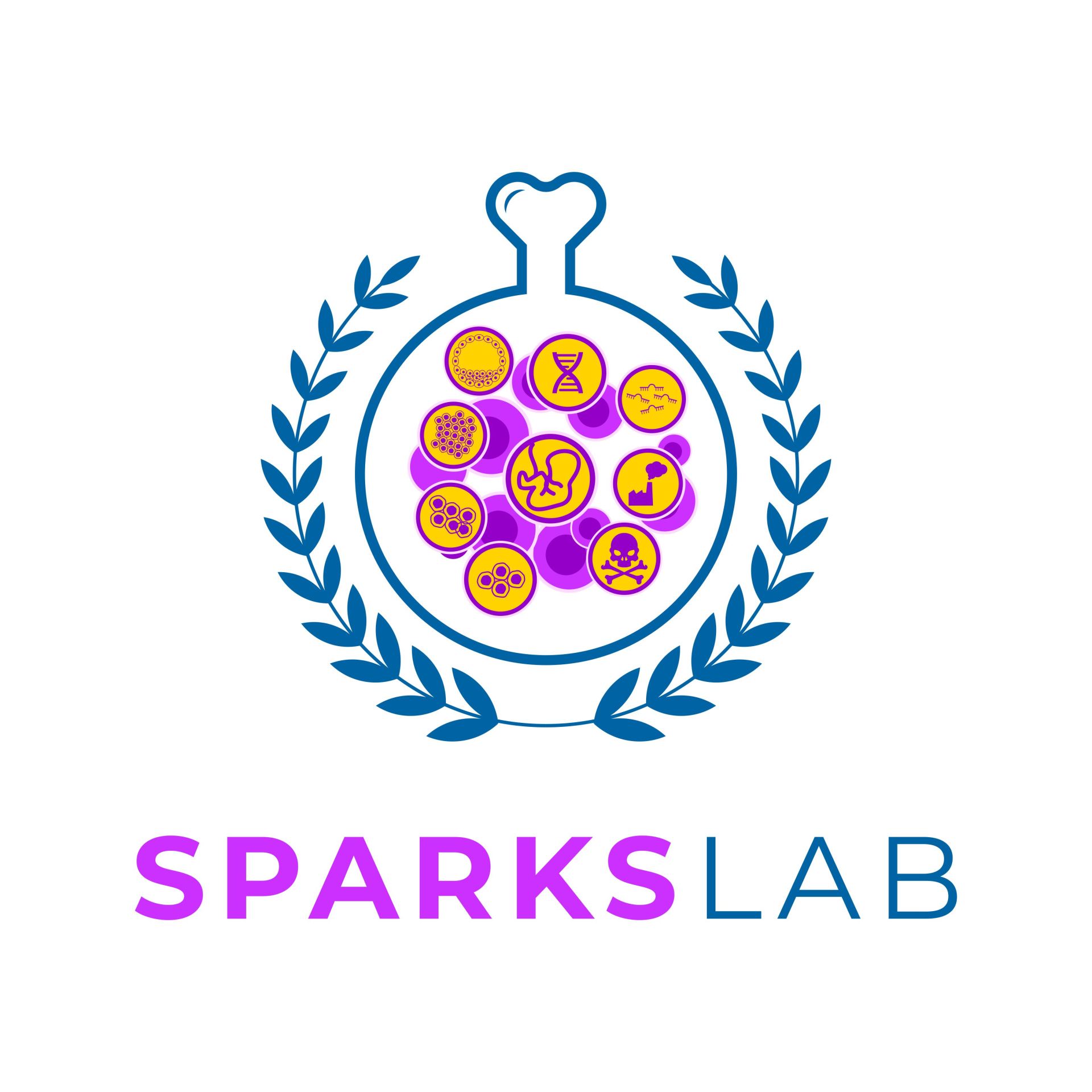 Sparks Lab logo shows yellow circles with research themes in a round bottom flask and a laurel around it